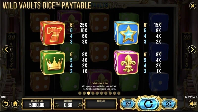 Wild Vaults Dice - mreža 6×3 u bonus rundi s lavinom